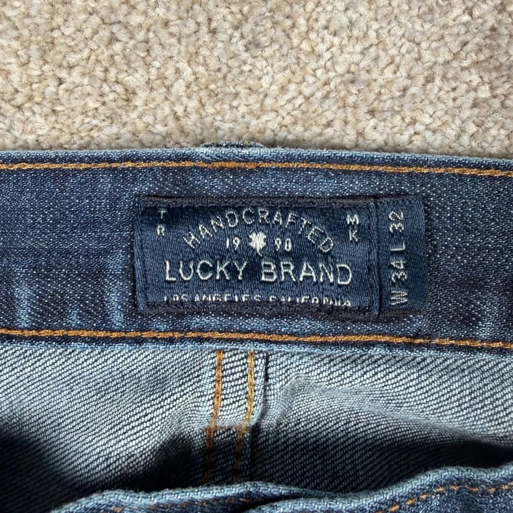 Lucky Brand 221 Original Straight Jeans Mens 34x32 Blue Distressed‎ Worn Hems